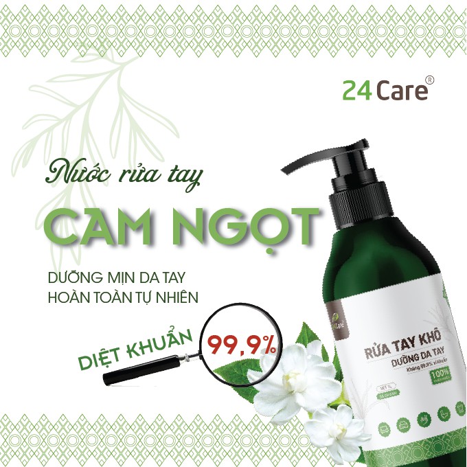 Nước rửa tay khô tinh dầu Cam 24Care 100ML– không cần rửa lại với nước, diệt khuẩn 99,9%