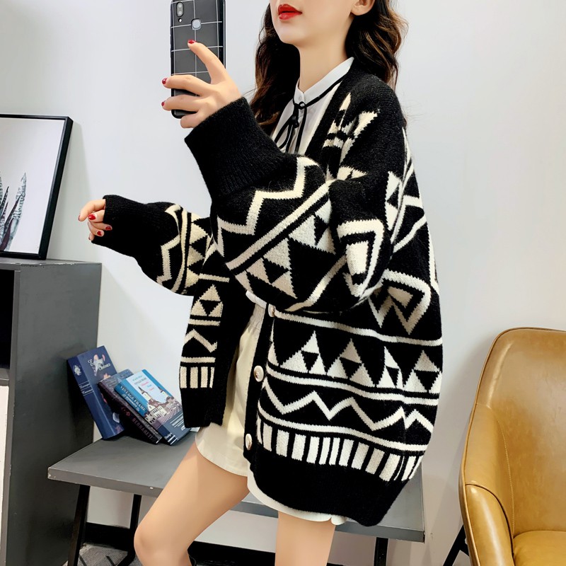 Áo Khoác Cardigan Dệt Kim Họa Tiết Hình Thoi Phong Cách Phương Tây