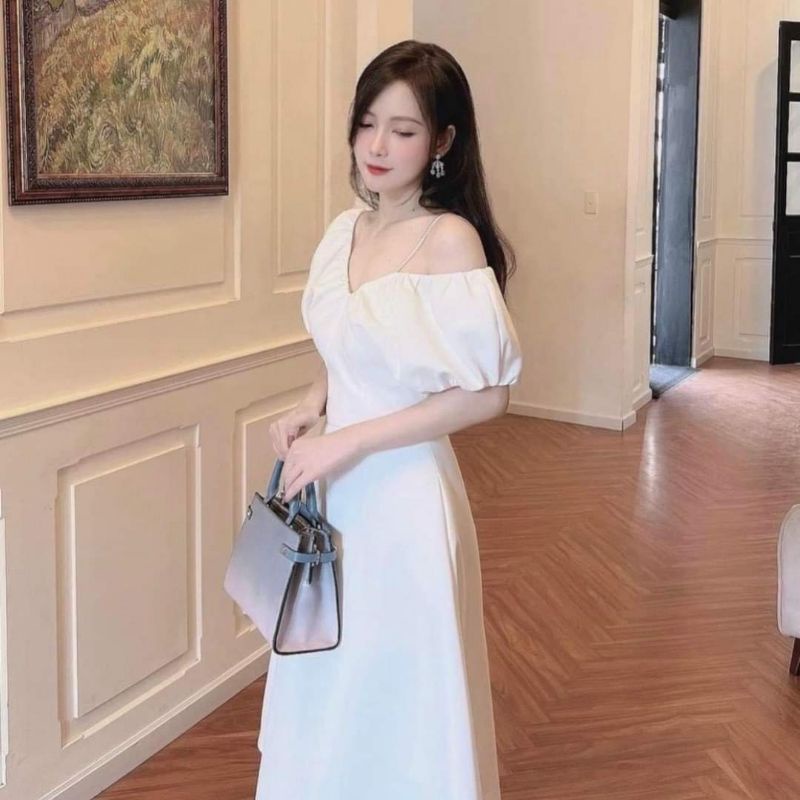 Đầm midi trắng nhún ngực