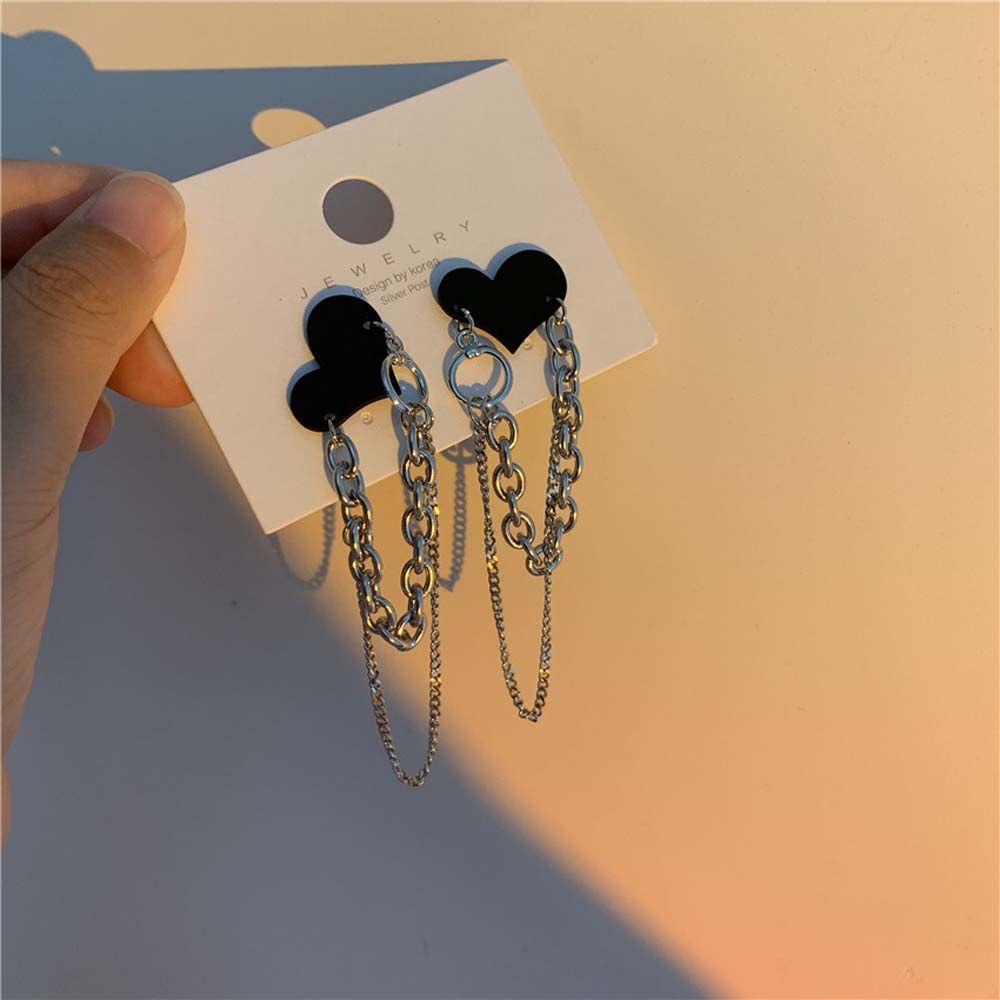 Khuyên Tai Lủng Lẳng Hình Trái Tim Màu Đen Cá Tính Cho Nữ