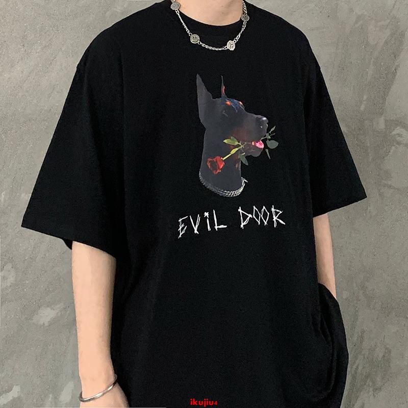 European and American street trends INS hip-hop high street dog head rose print loose dark lazy men and women short-sleeved T-shirt tide