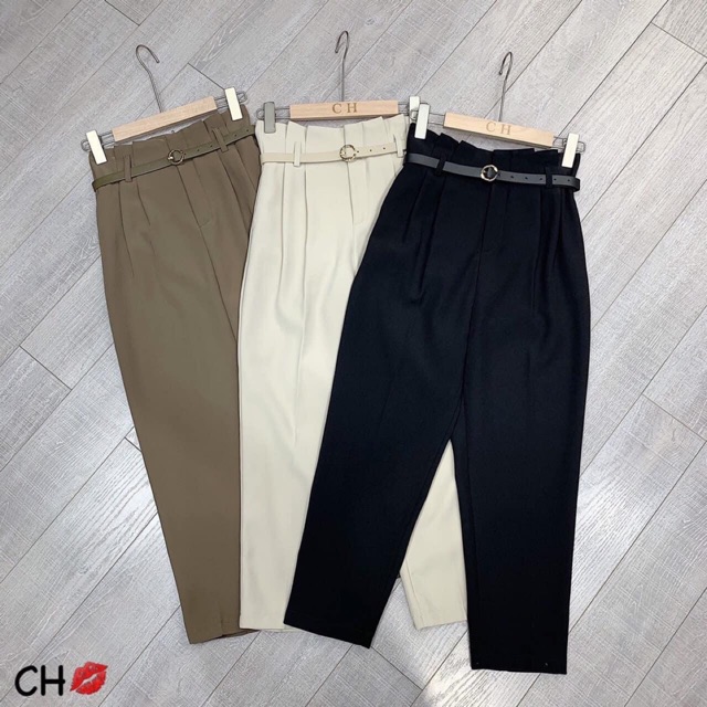 Quần baggy vải cạp cao kèm đai lưng