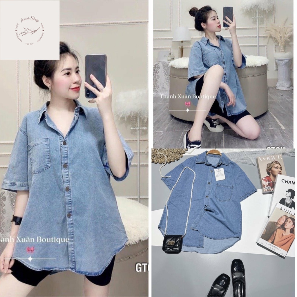 Anna shop# Áo Sơ Mi Bò Cộc Tay Vải Denim Dáng Rộng dưới 60kg - Áo Somi Nữ Ngắn Tay Túi Trước F029 #