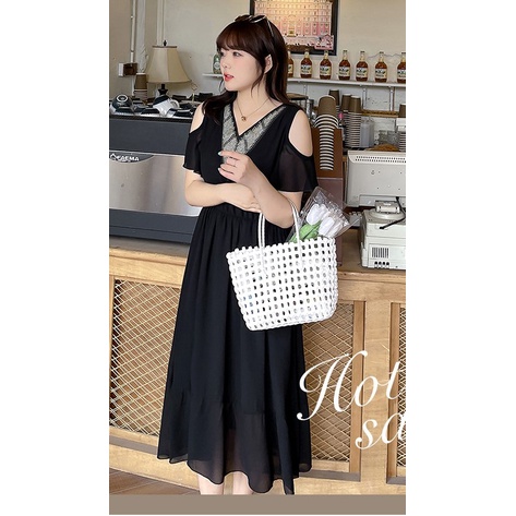 Đầm maxi voan đen cổ đính kim sa chữ V khoét tay size lớn