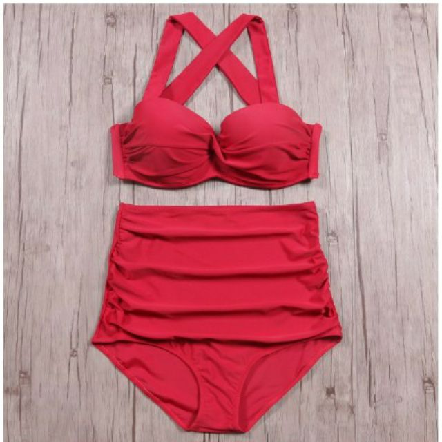 BIKINI HAI MẢNH CẠP CAO CHE BỤNG MÀU ĐỎ