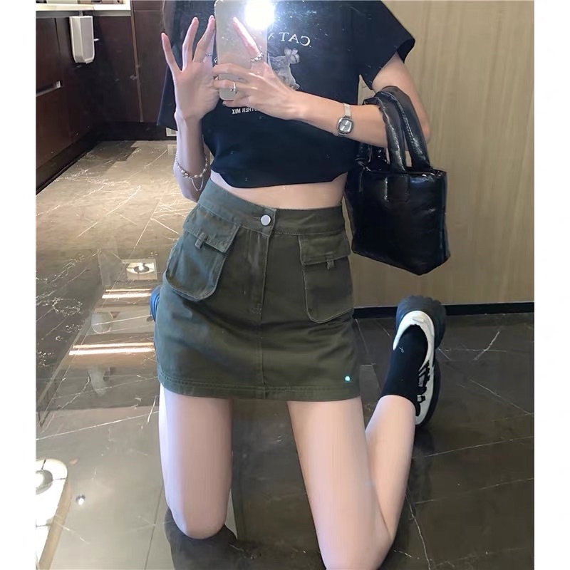 Chân Váy Denim Phối Túi Hộp Dáng Ôm Phong Cách Ullzang