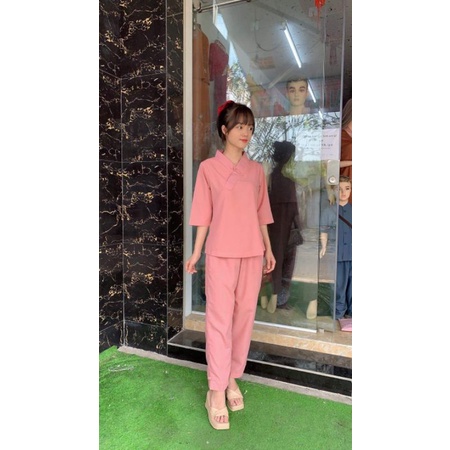 Bộ nữ đi chùa 1 nút không thêu