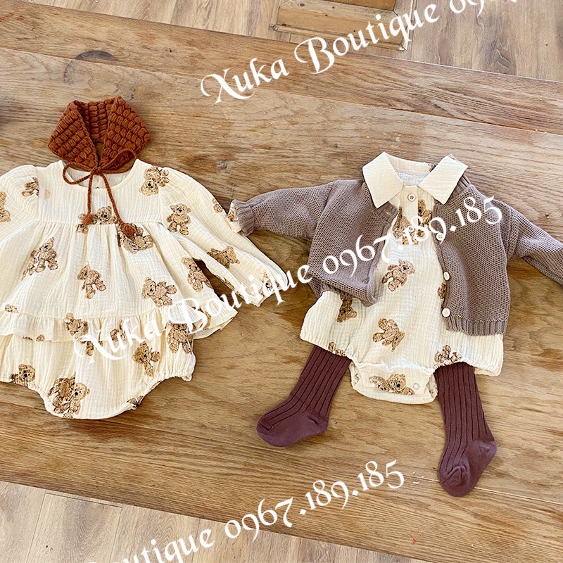 Bộ Quần Áo Dài Tay Kèm Mũ Bé Gái 0-2 Tuổi Hình Gấu Vải Đũi Galakoko Chính Hãng Style Hàn Quốc Cực Đẹp
