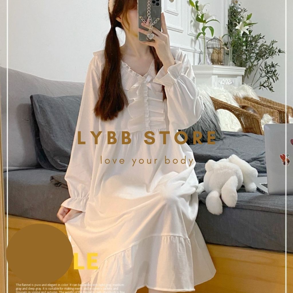 [RẺ VÔ ĐỊCH] Váy đầm ngủ dài tay nữ dáng xuông cổ bèo xếp ly trắng kiểu Pháp, Đồ mặc nhà siêu xinh phong cách retro