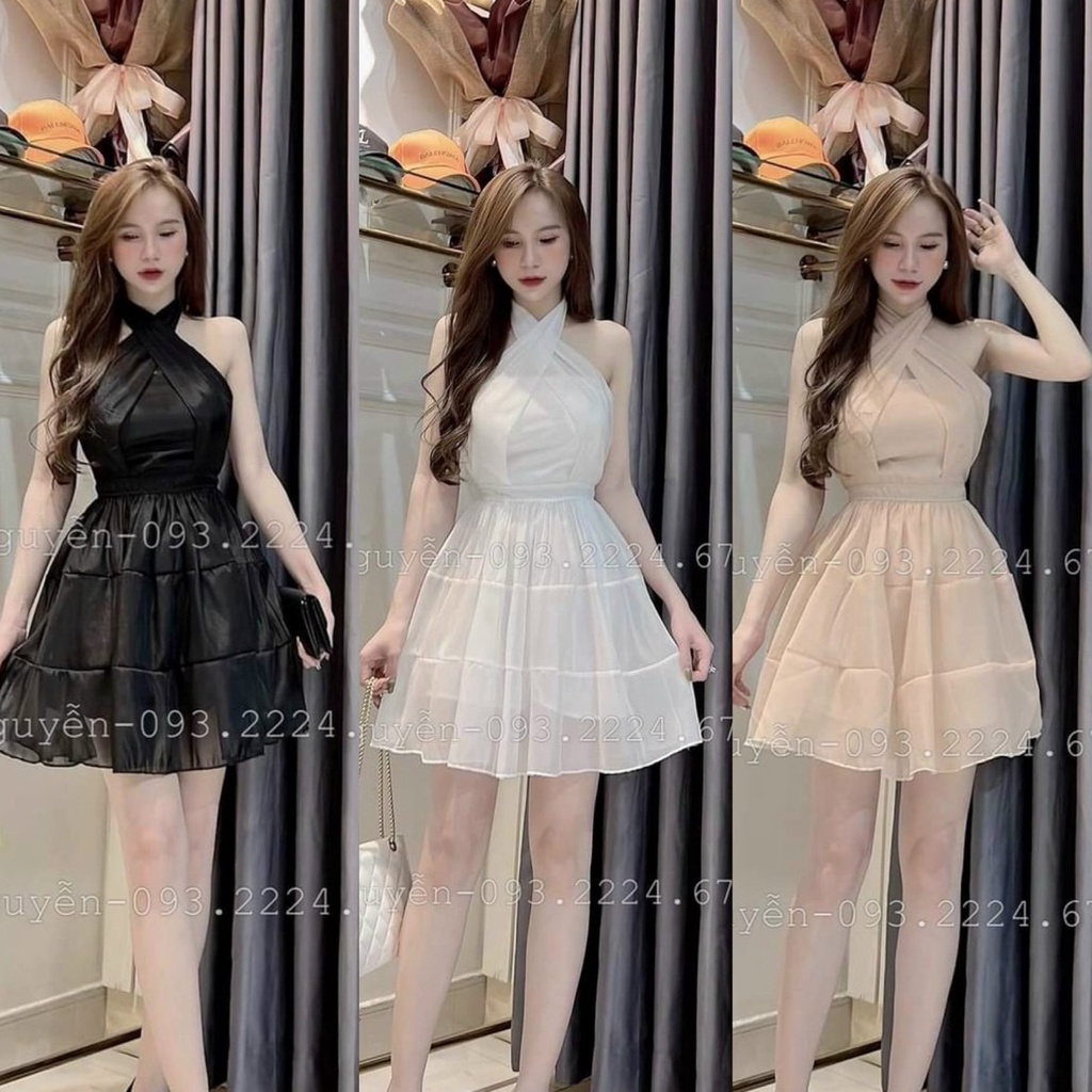 Đầm voan 2 lớp cổ yếm xếp tầng, màu sắc (Đen, Da, Trắng) sang trọng, quý phái giúp nàng nổi bật đi chơi, dự tiệc
