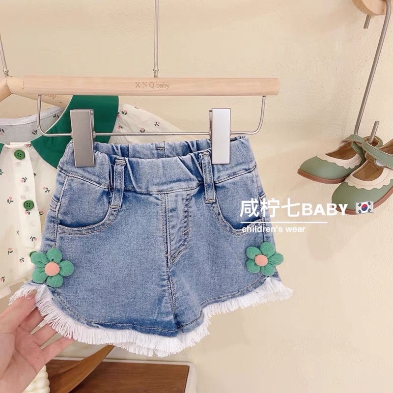 Set Đồ Mùa Hè 2 Món Gồm Áo Sơ Mi Và Quần Ngắn Denim Thời Trang Hàn Quốc Cho Bé Gái