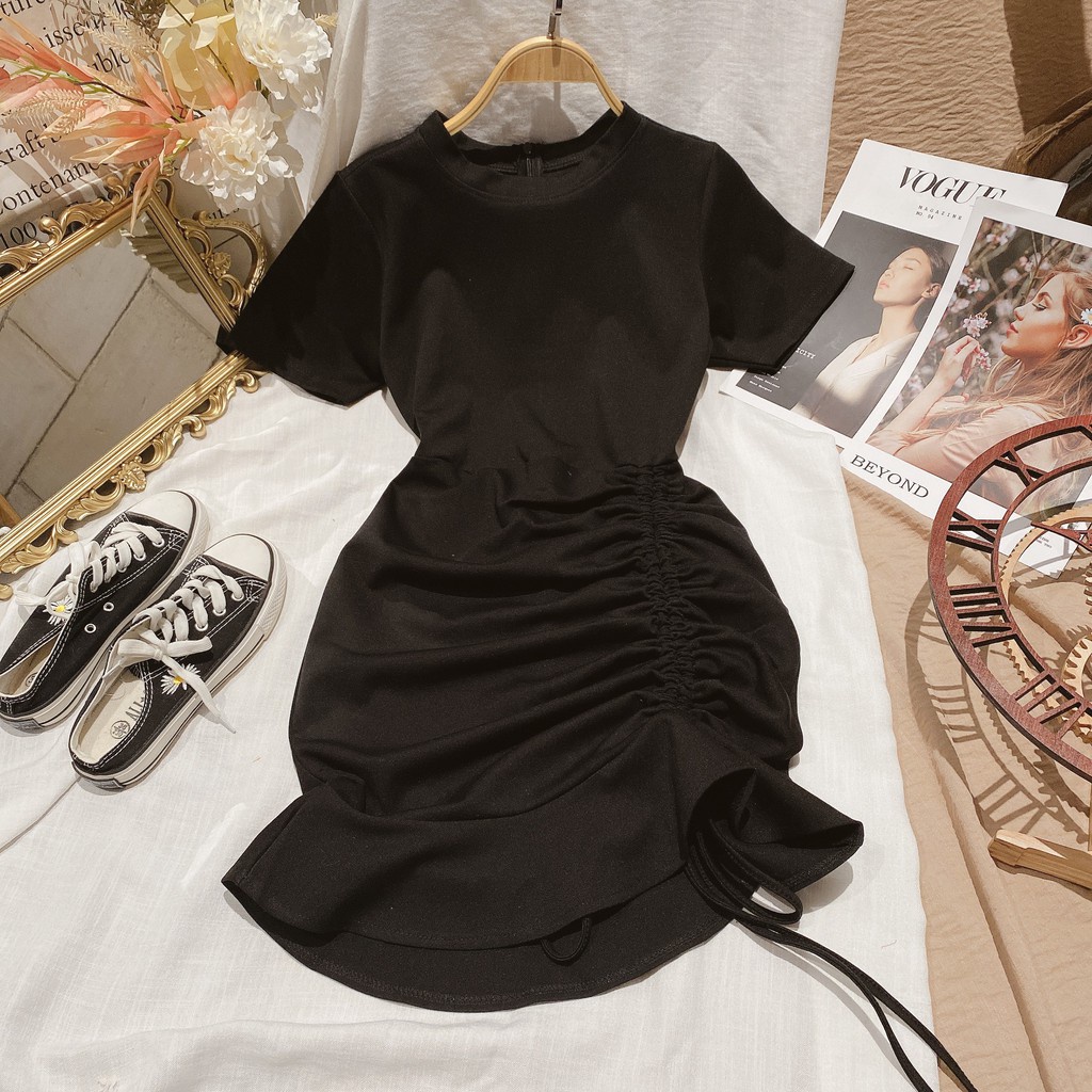 Váy Đuôi Cá Rút - Đầm Body Thun Tăm Tay Ngắn Cổ Tròn Rút Dây Cao Cấp | BigBuy360 - bigbuy360.vn