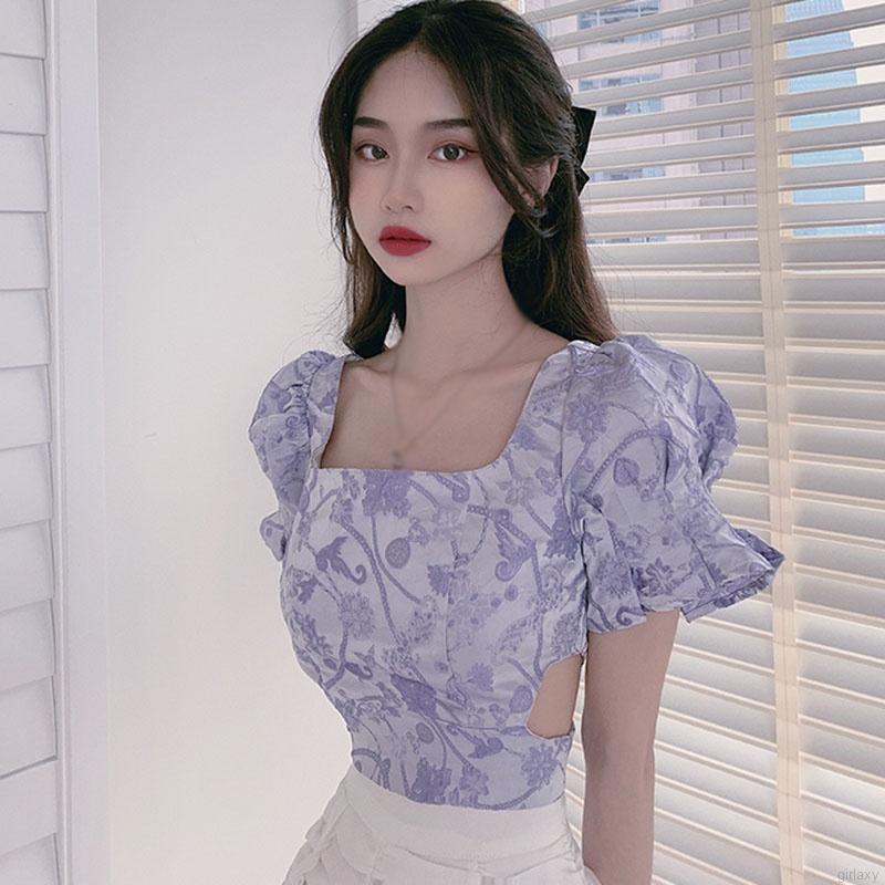 Áo Kiểu Cổ Vuông Tay Phồng Hở Lưng Phong Cách Retro Hàn Quốc Nữ Tính