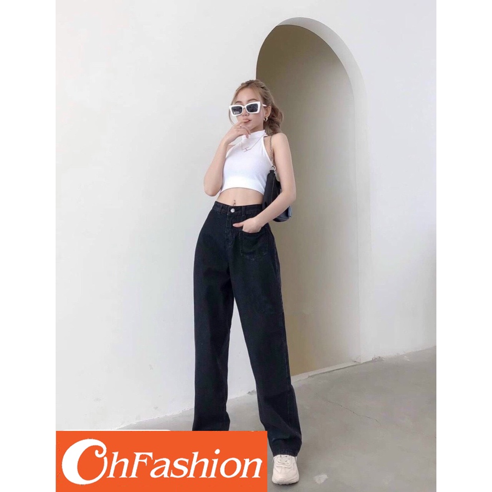 Quần jean ống rộng - Quần bò nữ dáng suông lưng cao 1 túi trước cá tính phong cách Hàn Quốc OHS3241