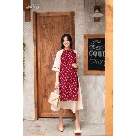 Áo dài bầu nữ xinh Áo dài bầu nhung hoa nhí Vintage ĐẦM BẦU CHIC MOM