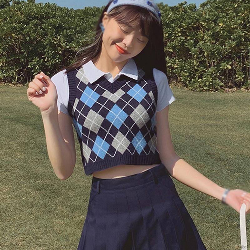 Áo Len Không Tay Cổ Chữ V Họa Tiết Sọc Caro Phong Cách Retro