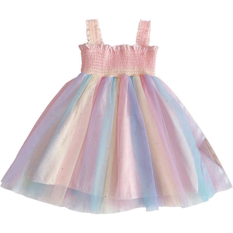 Đầm hai dây IQ ANGEL phối lưới màu cầu vồng xinh xắn cho bé gái
