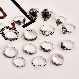 Set 15 Nhẫn Mạ Bạc Đính Đá Pha Lê Đen