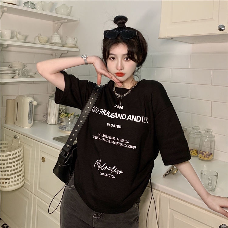 Áo Thun Tay Ngắn In Chữ Phối Dây Rút Thời Trang Cá Tính