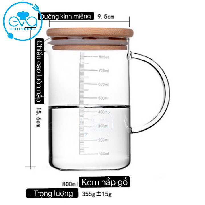 Ly Thuỷ Tinh Chịu Nhiệt Chia Vạch Đo Lường 800 Ml Kèm Nắp Gỗ Đậy