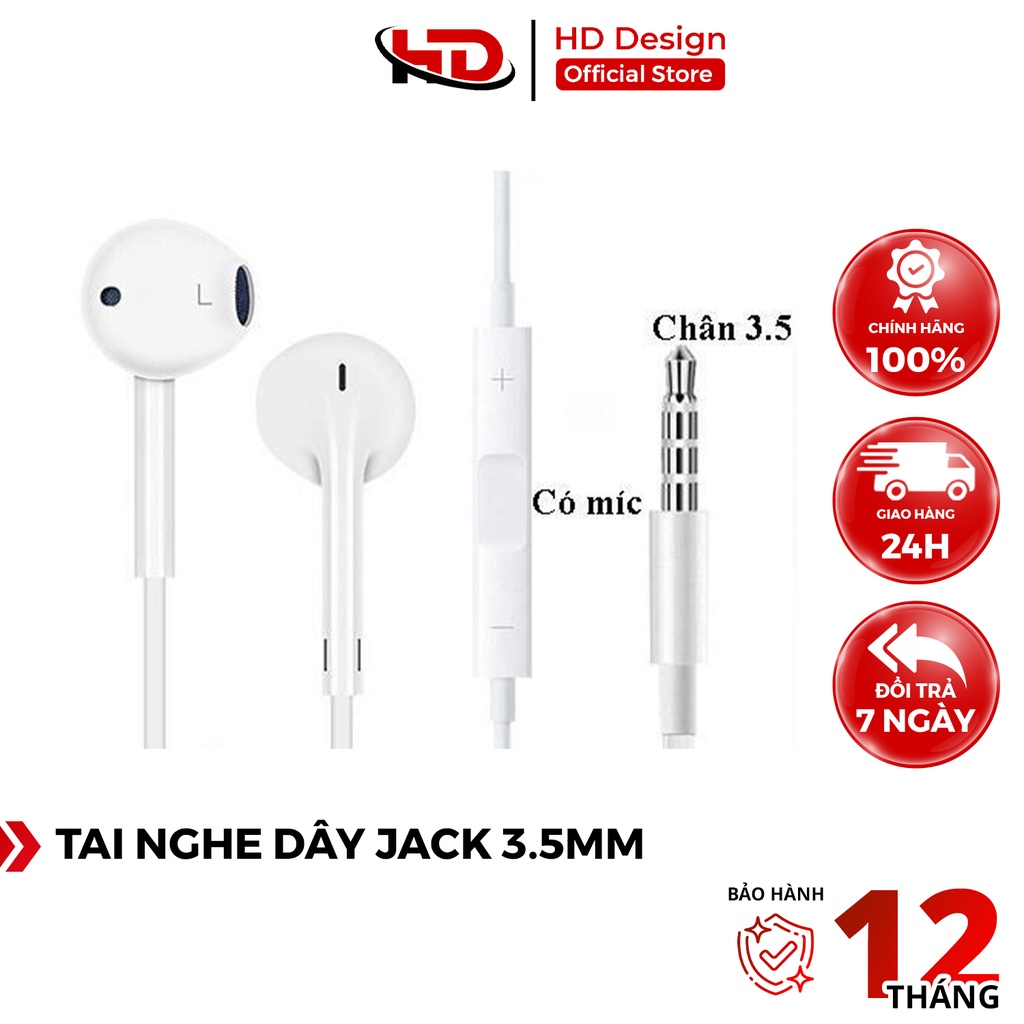 Tai Nghe Dây Jack 3.5mm Cho Iphone/ Ipad/ Điện Thoại Android - Điều Chỉnh Âm Lượng - Chính Hãng HD DESIGN