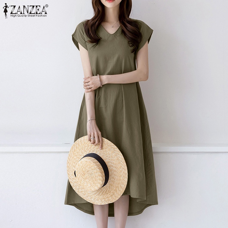 Đầm Zanzea ngắn tay cổ chữ v form rộng phong cách cổ điển thanh lịch dành cho nữ