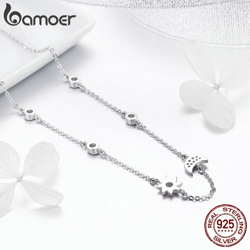 Dây Chuyền Bamoer Mặt Hình Mặt Trăng Ngôi Sao Bằng Bạc 925 Lấp Lánh Cho Nữ SCN272