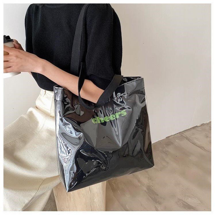 Túi tote túi vải canvas đeo vai bóng kính chống nước đẹp phong cách Hàn quốc 2 màu đen trắng - Hazis Store #9