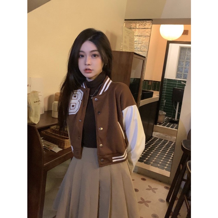 Coffee baseball coat for women spring and autumn 2022 new relaxed-fit all-match design style short coat trendy T2zx