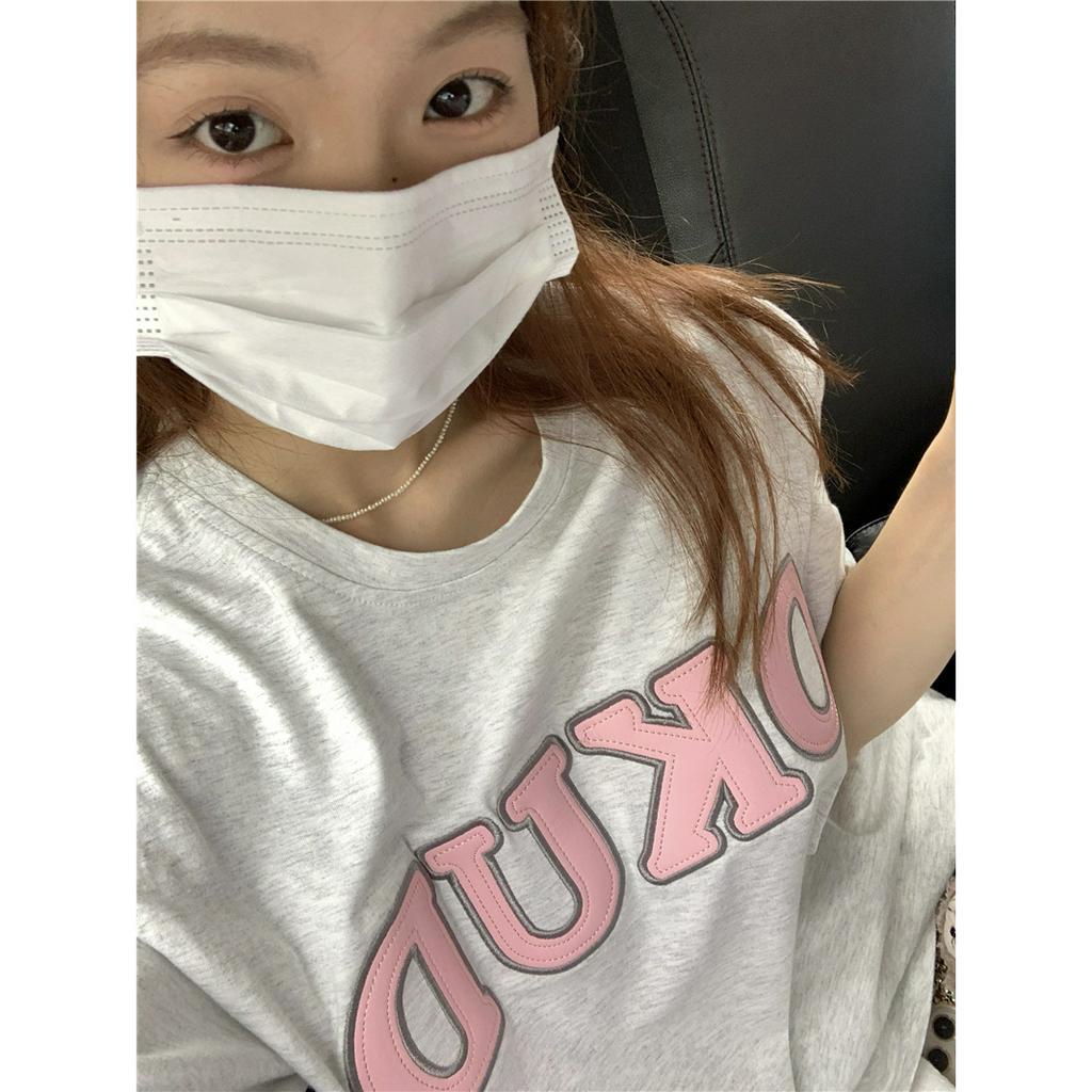 Ethelgirl Áo Thun unisex Dáng Rộng Tay Cộc In Chữ Thời Trang Hàn Quốc