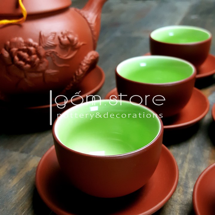 Ấm trà tử sa Bát Tràng đắp nổi hoa phù dung (Bộ trên không kèm khay ấm chén) | BigBuy360 - bigbuy360.vn