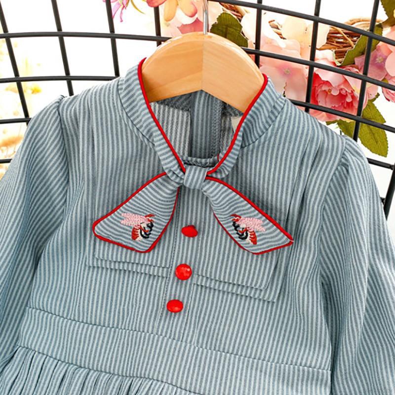 Đầm tay dài hoạ tiết kẻ sọc phong cách Retro cho bé gái