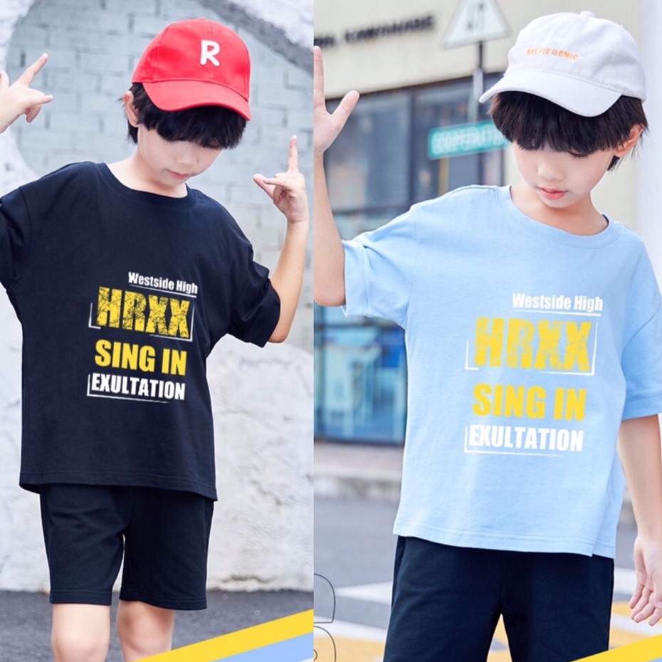 Bộ quần áo thun hè "HRXX" 14-45kg cho bé trai 4-14 tuổi. Thoáng mát, co giãn tốt. Thấm hút mồ hôi. B9
