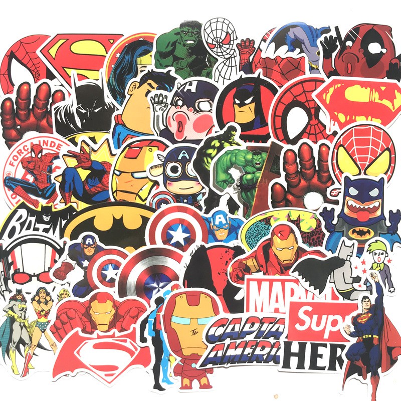 Sticker Dán Mũ Bảo Hiểm, Laptop, Mũ, Sổ Chống Nước Hoạt Hình Siêu Anh Hùng Avengers Cute (50 Miếng)