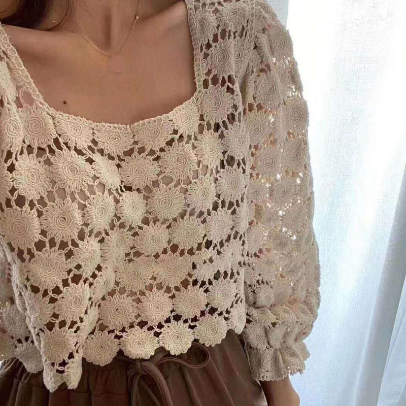 Brroa Áo Kiểu Dệt Kim Tay Phồng 3 / 4 Cổ Vuông Phối Ren Xuyên Thấu Thời Trang Cho Nữ Cr