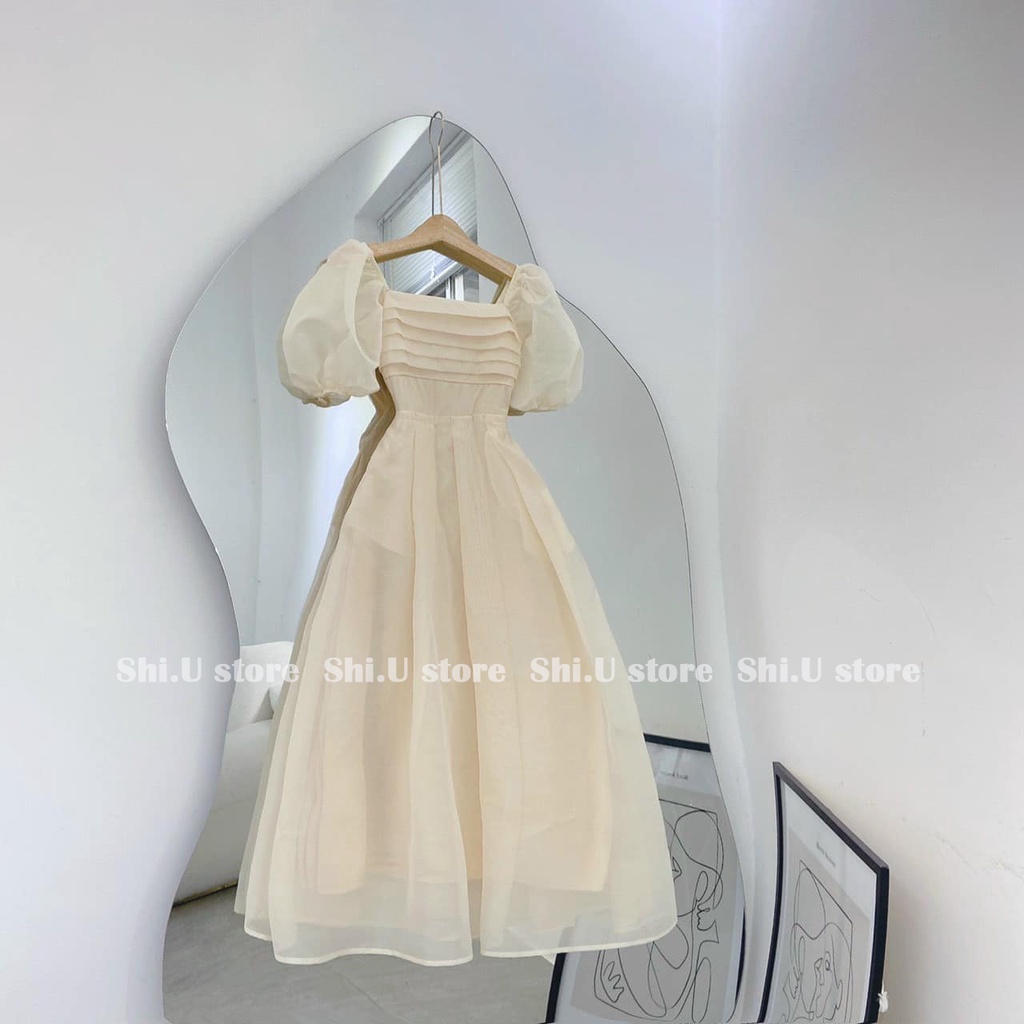 Váy voan tơ cổ vuông xếp ly ngực tay bồng dáng dài có chun sau lưng phong cách tiểu thư