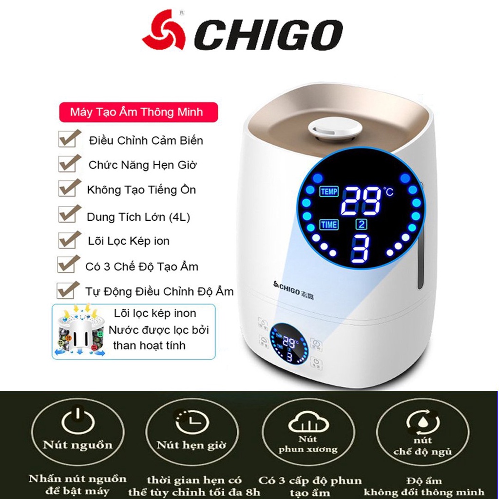 Máy phun sương tạo ẩm không khí có lõi lọc than hoạt tính màn hình led cảm biến - Chigo 512