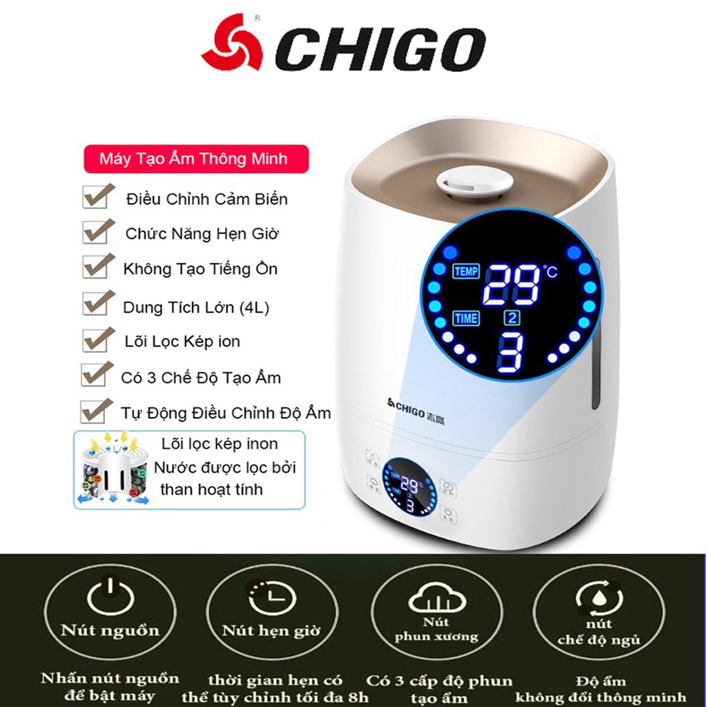 Máy Tạo Ẩm Không Khí Chigo 512 dung tích cỡ lớn 4 lít, Máy có chế độ tự động điều chỉnh độ ẩm của phòng