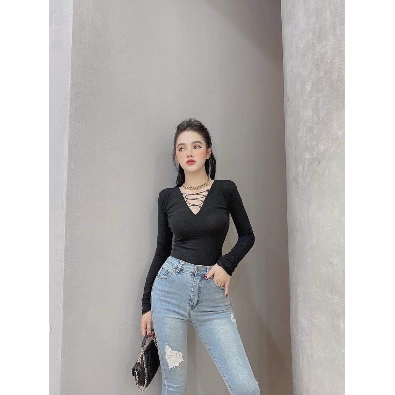 Áo croptop tay dài đan dây trước ngực siêu sexy- A5N