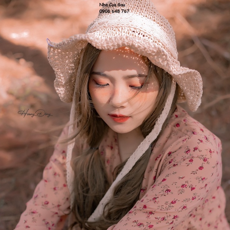 Mũ cói ren cột nơ đi chơi siêu xinh