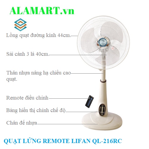 QUẠT LỬNG REMOTE LIFAN QL-216RC quạt lỡ thấp êm mát dùng phòng khách, phòng ngủ