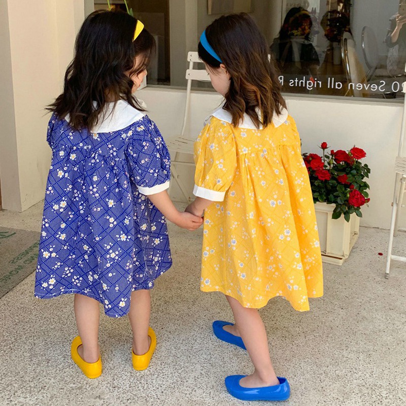 Đầm Công Chúa Cổ Búp Bê Tay Phồng Đính Nơ In Hoa Kiểu Hàn Quốc Thời Trang Mùa Hè Cho Bé Gái