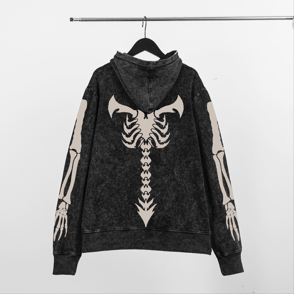 Áo hoodie wash ATHANOR chất nỉ chân cua 100%cotton premium mẫu skeleton v1 màu loang xám
