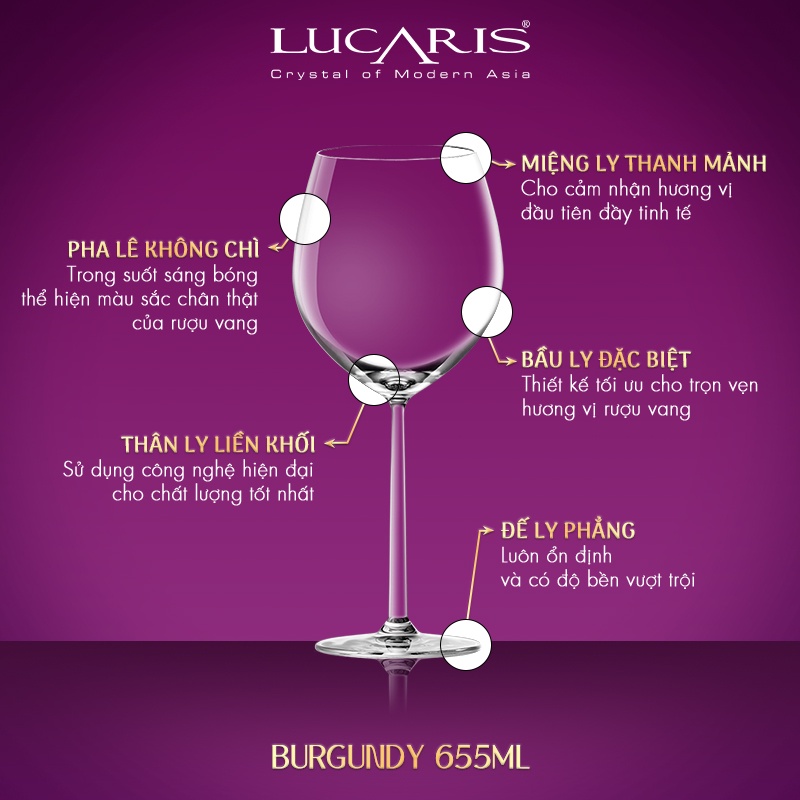 Bộ 6 Ly Uống Rượu Vang Đỏ Pha Lê Cao Cấp Lucaris Burgundy 655ml Nhập Khẩu Chính Hãng Không Chứa Chì - Shanghai S03BG23