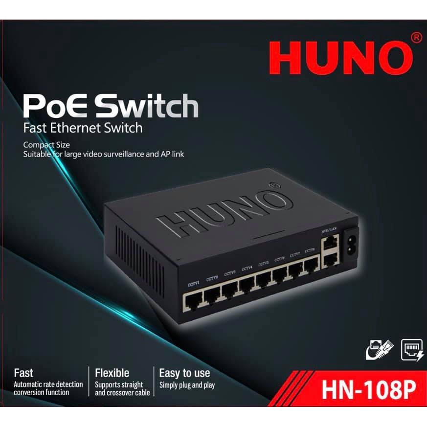 Bộ chia mạng Switch PoE Huno 4+2 HN-1004P, 8 +2 HN-1008P (2 cổng uplink) vỏ sắt, chống sét- Hàng chính hãng bảo hành 24T