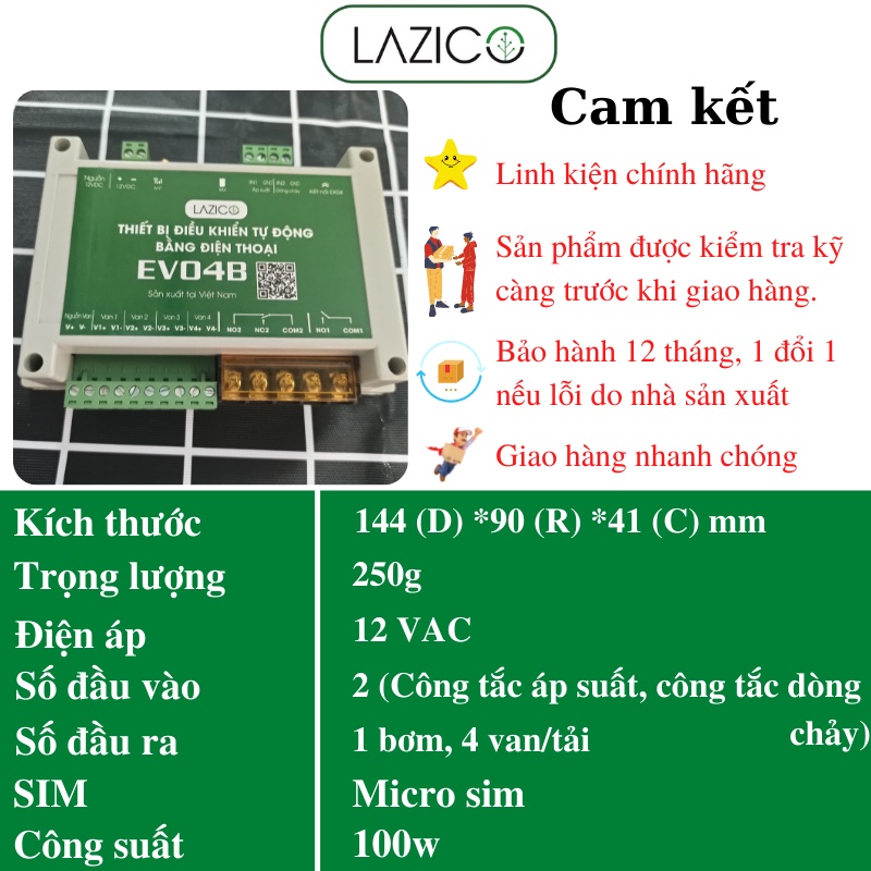 Điều khiển từ xa máy bơm 220V và 4 van điện từ qua điện thoại, bơm van chạy tự động LAZICO EV04B