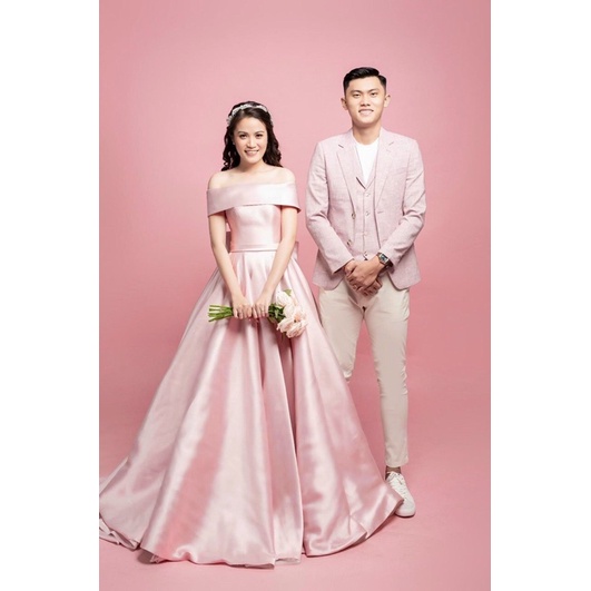 Đầm maxi mặc cưới bẹt vai đính nơ to lưng - size s/m/L/xl