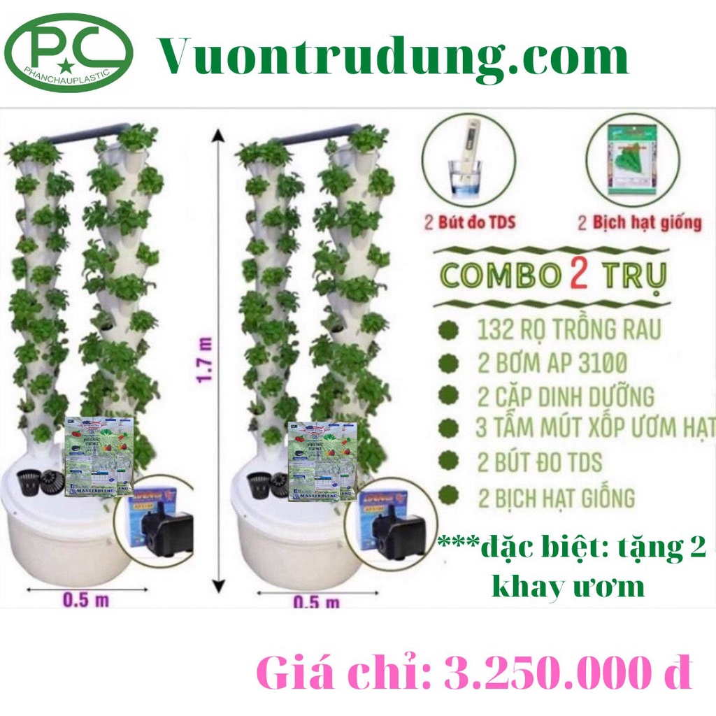 Trồng Rau Thủy Canh Combo 2 Trụ Đôi 132 Rọ