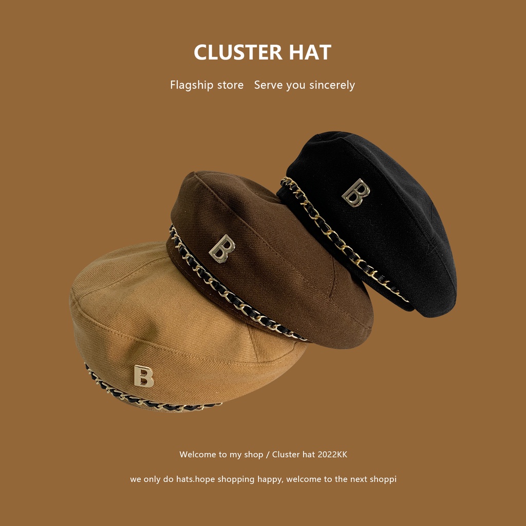 Mũ Beret Len Phối Dây Xích In Chữ B Kiểu Hàn Quốc Thời Trang Xuân Thu Dễ Phối Đồ
