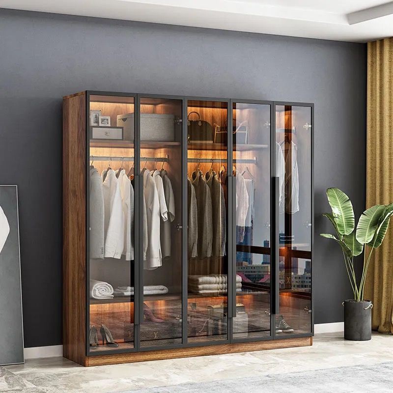 Tủ quần áo đơn giản hiện đại gỗ nguyên khối cửa kính Bắc Âu phòng ngủ đựng đồ lắp ráp lớn tổng thể <